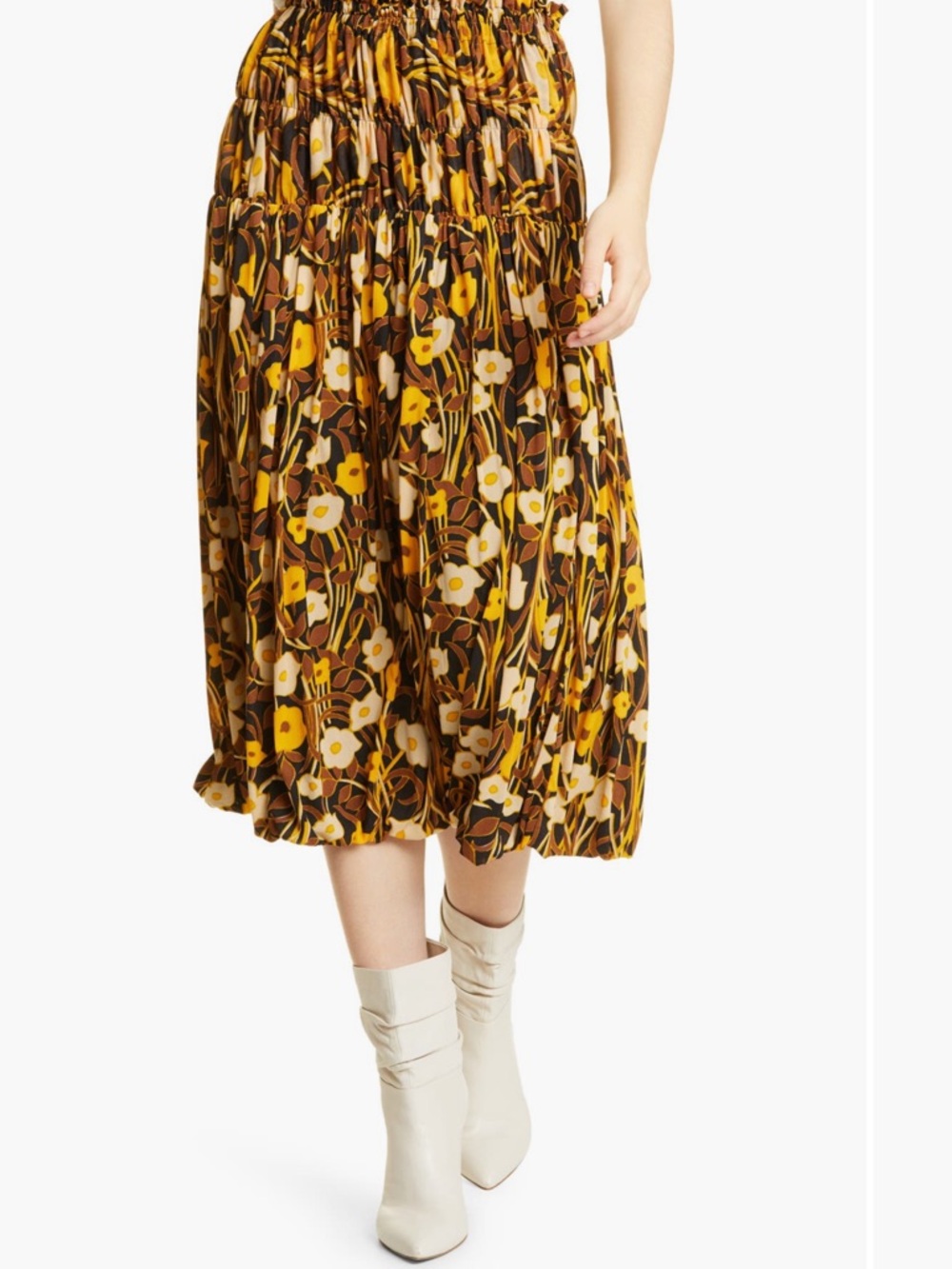 Rebecca Taylor Yellow and Brown Floral Tiered Midi Skirt